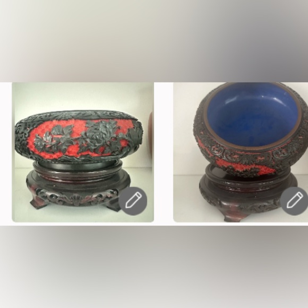 Cinnabar carved lacquer bowl & carved wood stand